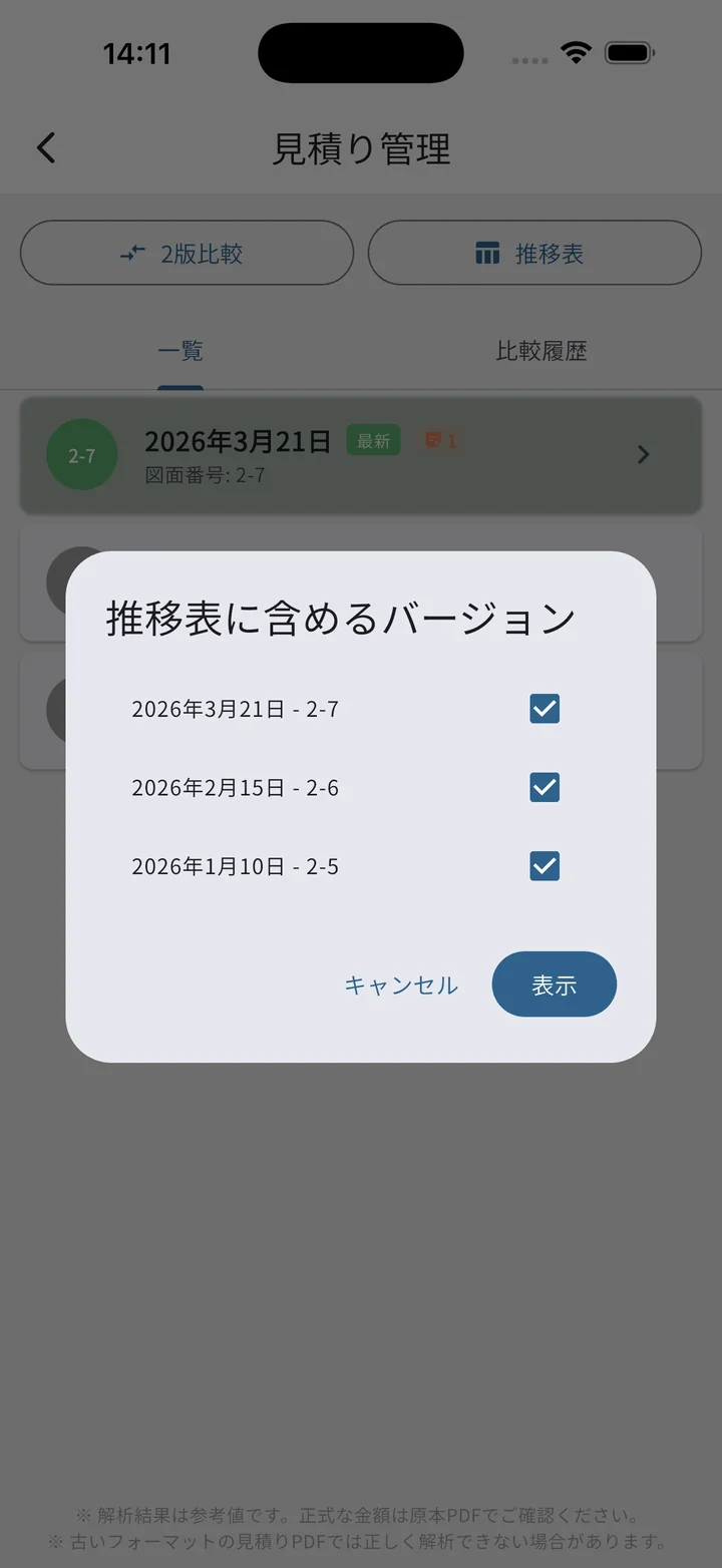 推移表 表示するバージョンを選択