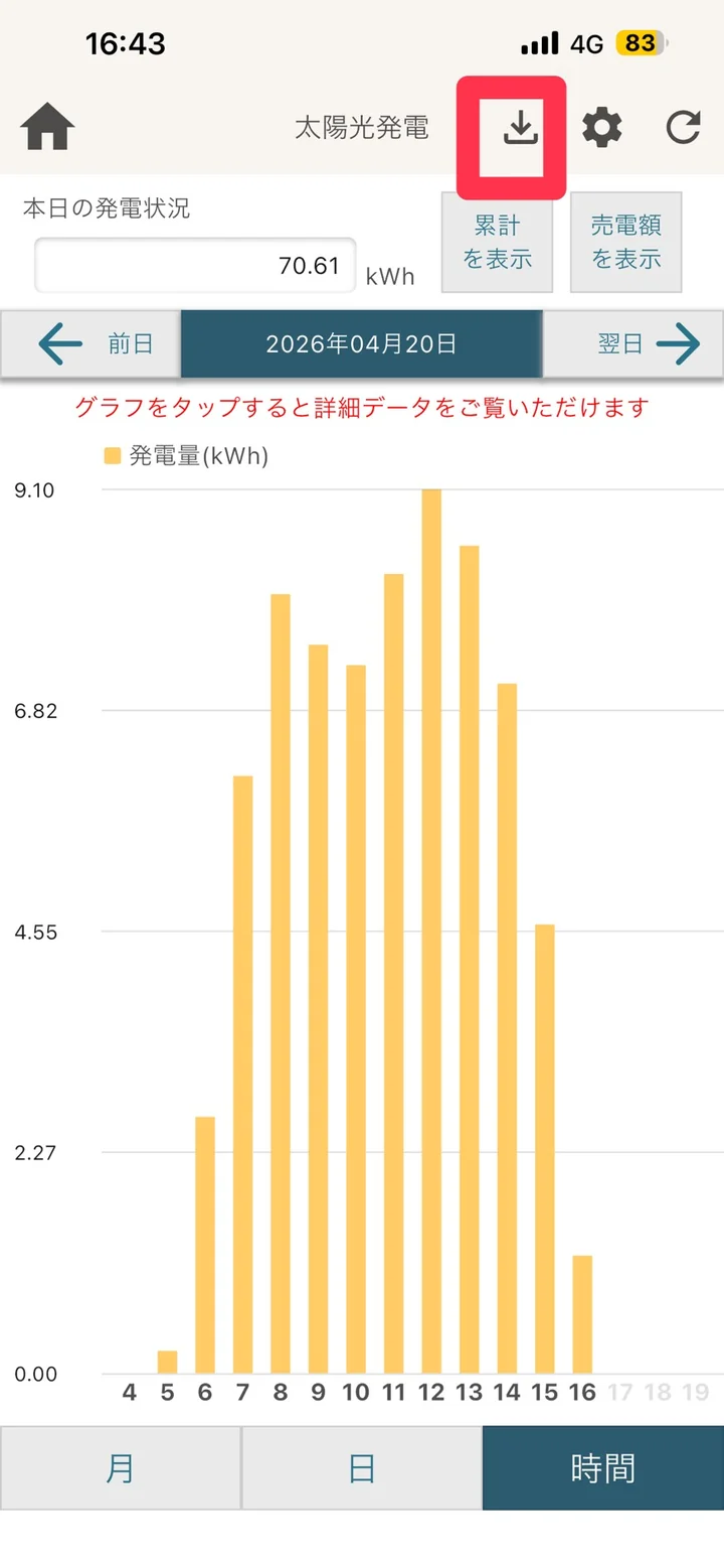 太陽光発電画面の右上のダウンロードアイコンを強調