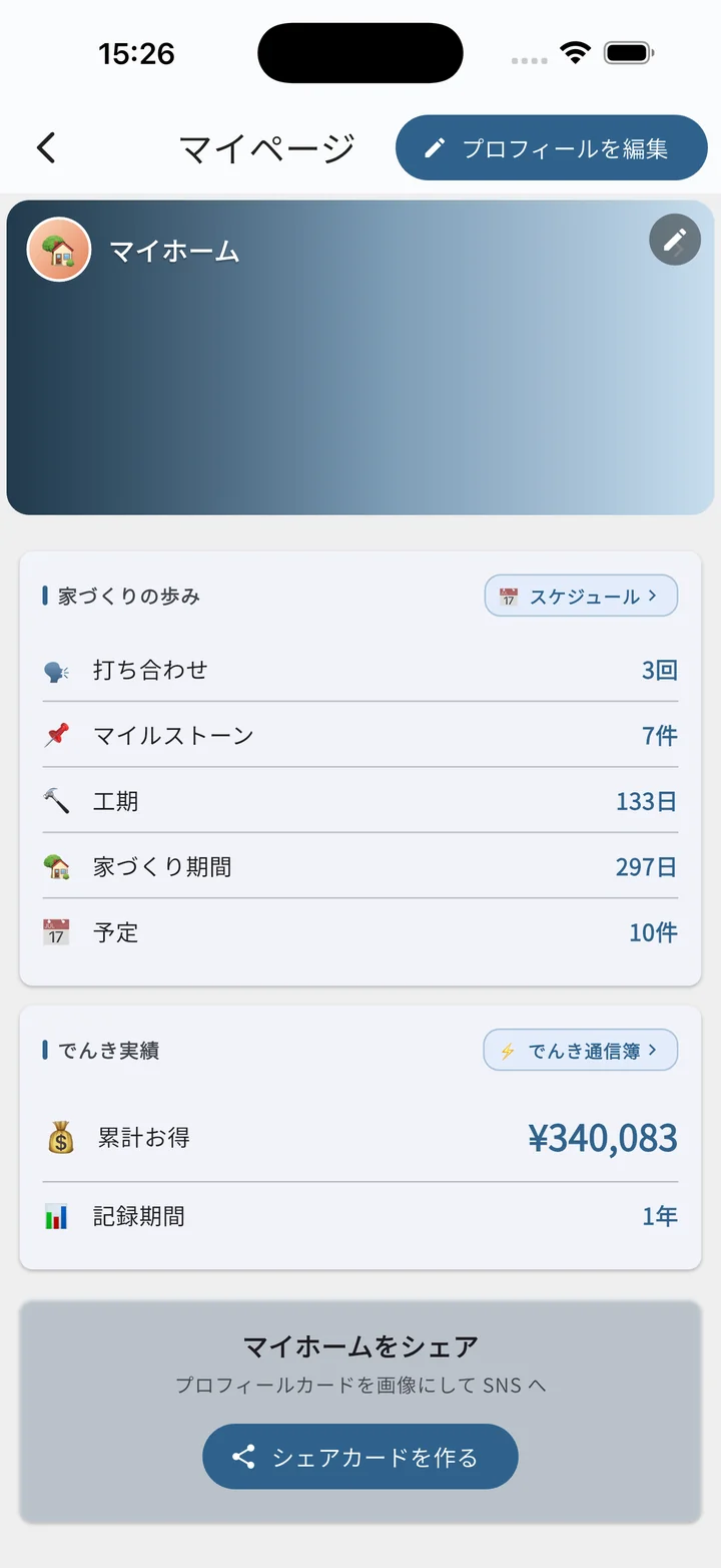 マイページ閲覧画面（プロフィール未入力の状態）